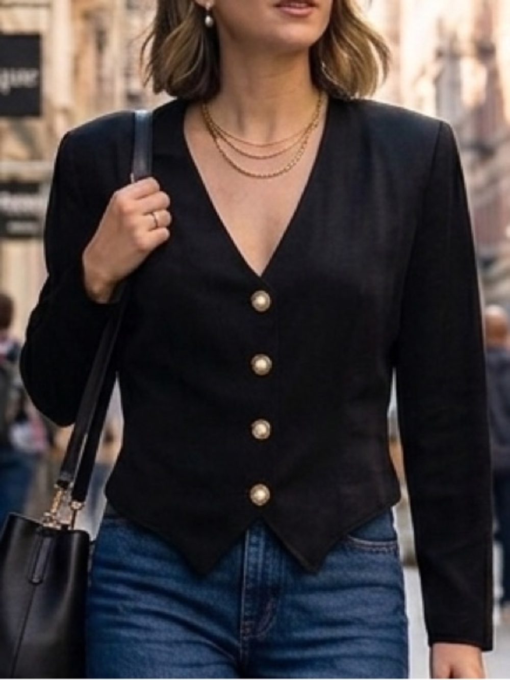 Vintage Black Blouse L(vintage sz) Statement Pearl Buttons Retro Elegant Career